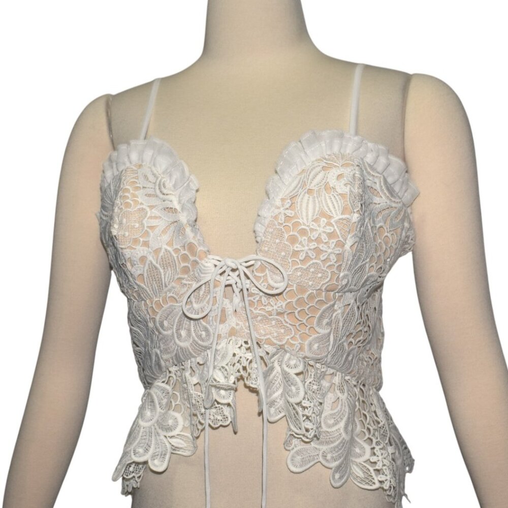 X by NBD Minxi Top Pale Ivory Lace Ruffled Lace up Center Fairycore M